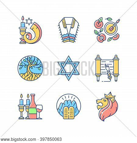 Judaism Symbols Rgb Color Icons Set. Shofar, Shophar. Jewish Prayer Shawl. Apples And Honey Pot. Lif