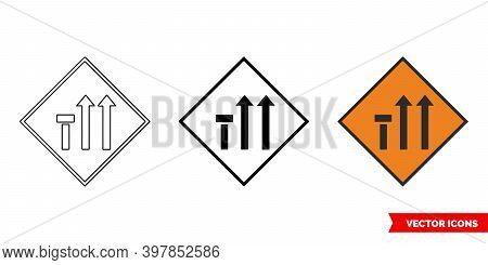 Nearside Lane Of Three Closed Roadworks Sign Icon Of 3 Types Color, Black And White, Outline. Isolat