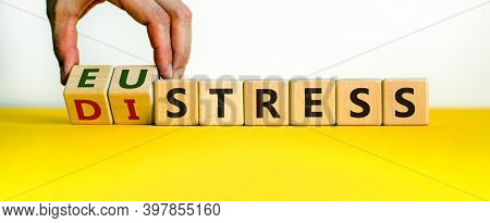 Distress Or Eustress. Male Hand Turns Cubes And Changes The Word 'distress' To 'eustress'. Beautiful