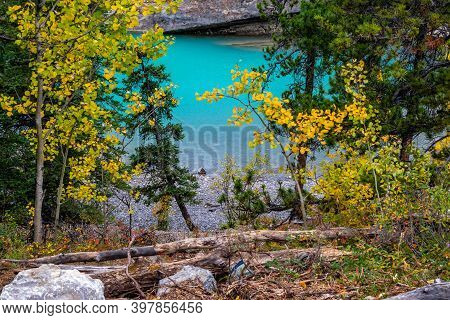 Base Of Widow Maker Rapids Through The Fall Colours. Bow Valley Wilderness Area, Alberta, Canada