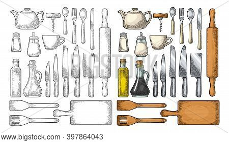 Set Kitchen Utensils. Wood Cutting Board, Manual Grinder, Spade Of Frying Pan, Knife, Spoon, Fork, B