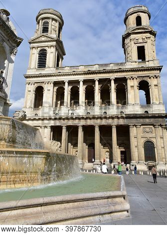 Paris, France. August 12, 2019. Eglise Saint-sulpice De Paris Neoclassical Facade And Towers With Fo