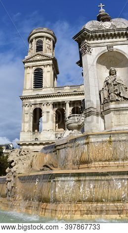 Eglise Saint-sulpice De Paris Neoclassical Facade And Towers With Fontaine Saint-sulpice. Paris, Fra