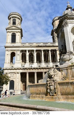 Paris, France. August 12, 2019. Eglise Saint-sulpice De Paris Neoclassical Facade And Towers With Fo