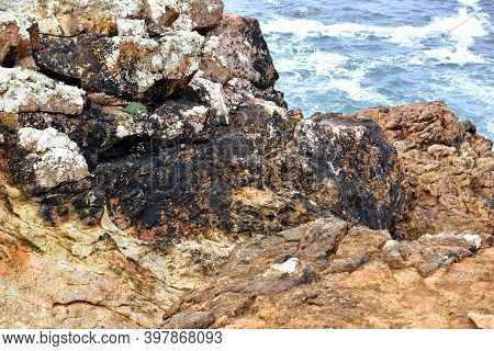 Rocks With Oil Spill From The Sinking Of Oil Tanker Mv Prestige In 2002. Costa Da Morte Region 18 Ye