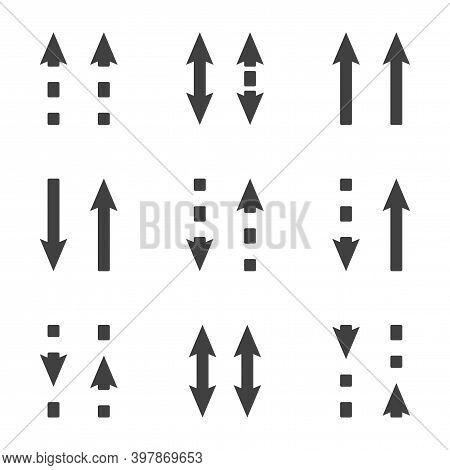 Direction Arrows Icons Set. Straight And Dashed Arrows In The Same And Different Directions. Simple 