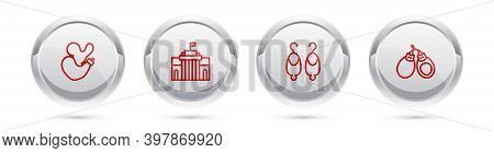 Set Line Spanish Wineskin, Prado Museum, Earrings And Castanets. Silver Circle Button. Vector