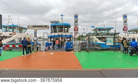 Amsterdam, Netherlands - May 18, 2018: Ferry Boat Service For Pedestrian Passengers In Amsterdam, Ho