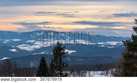 Winter Landscape Of Beskid Sadecki Mountain Range Near Krynica Zdroj, Poland
