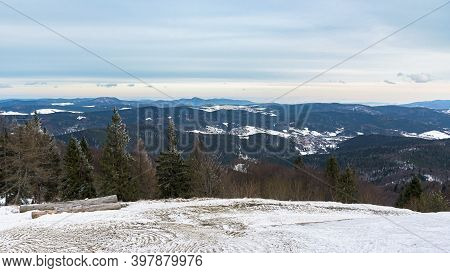 Winter Landscape Of Beskid Sadecki Mountain Range Near Krynica Zdroj, Poland