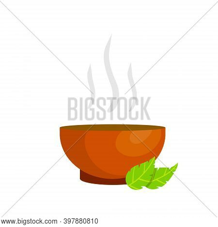 Green Tea Cup. Brown Earthenware. Piala Bowl. National Ethnic Oriental Drink. Flat Cartoon Illustrat