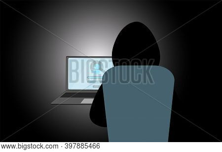 The Hacker Is Sitting At The Laptop. A Hacker Breaks Into Someones Information. Vector Illustration