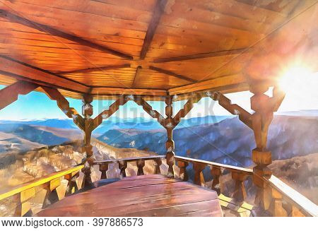 Wooden Pavilion With Scenery Mountains View, Caucasus Colorful Painting Looks Like Picture.