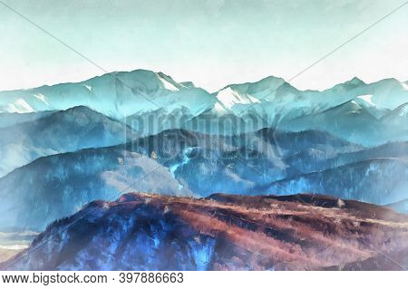 Beautiful Mountain Landscape At Caucasus Mountains Colorful Painting Looks Like Picture.