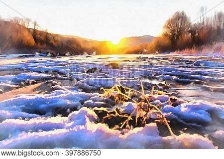 Beautiful Sunny Winter Landscape At Caucasus Mountains At Sunrise Time