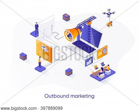 Outbound Marketing Isometric Web Banner. Online Advertising And Promotion In Social Media Isometry C