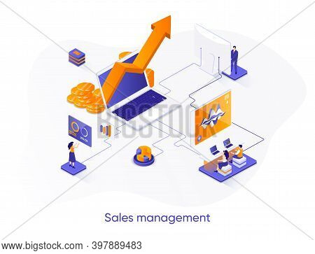 Sales Management Isometric Web Banner. Developing Sales Force Isometry Concept. Coordinating Sales O