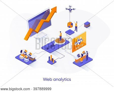 Web Analytics Isometric Web Banner. Online Business Analytics Isometry Concept. Data Analysis Servic