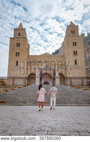 Cefalu, The Medieval Village Of Sicily Island, Province Of Palermo, Italy. Europe, A Couple On Vacat