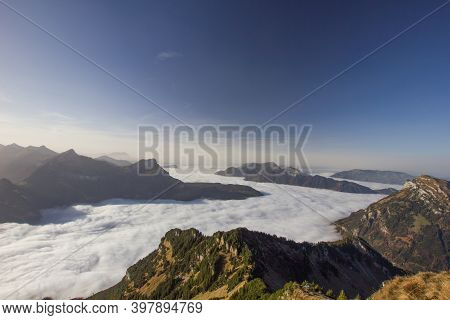 Fog Sea Over The Lake Lucerne Seen From The Mountain Rophaien