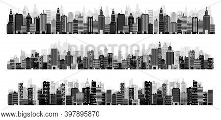 Set Of City Silhouettes. Cityscape. Town Skyline. Panorama. Midtown Houses Skyscrapers. Vector Illus