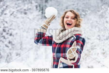 Snow Makes Everything Outdoors Look Amazing. Woman Warm Clothes Snowy Forest. Nature Covered Snow. H
