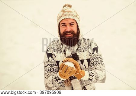 Holyday Atmosphere. Happy Hipster Play Snowballs. Man Having Fun Outdoor. Winter Season. Christmas S