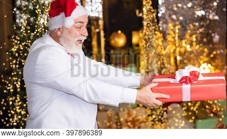 Christmas Party. Senior Man With Beard. May This Festive Season Sparkle And Shine. Bearded Grandfath