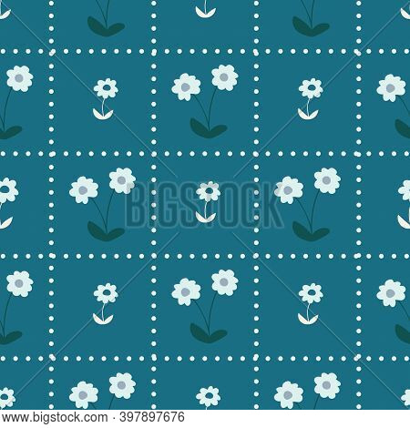 Blue And Green Daisy Geometric Gingham Seamless Repeating Pattern