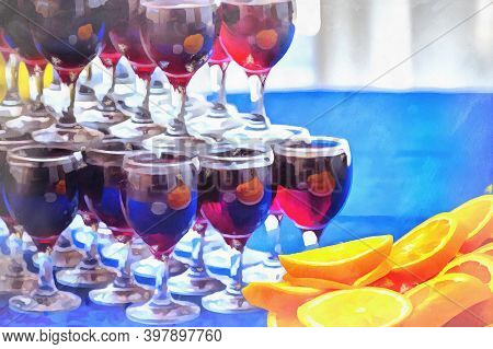Slices Of Oranges And Wine Gkasses Served In A Row Up Each Other