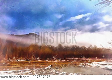 Beautiful Cloudy Winter Landscape At Caucasus Mountains
