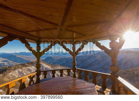 Wooden Pavilion With Scenery Mountains View, Caucasus.