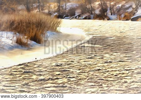 Beautiful Winter Landscape With Frosen River Winter View