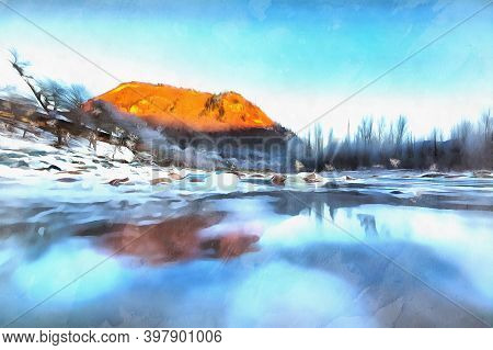 Beautiful Sunny Winter Landscape With Ice River And The Mountain
