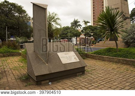 Jau / Sao Paulo / Brazil - 02 21 2020: Monument At Jau`s City With The Words 