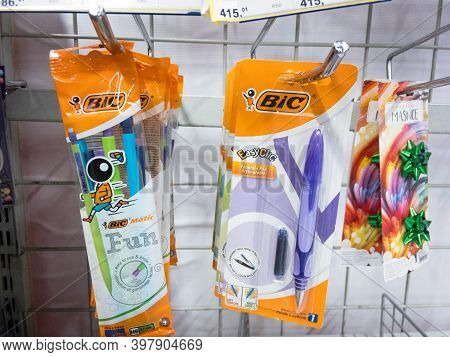 Belgrade, Serbia - November 8, 2020: Bic Logo On Packs Selling Ballpoint Pens And Fountain Pen For S