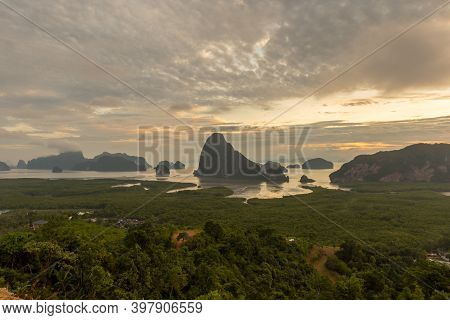 Samet Nangshe Viewpoint At Sunrise In Phang Nga, Thailand.