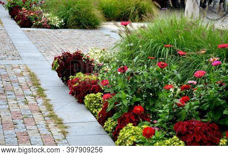 Perennial Flower Beds With Annual Plantations On The Edge Of The Flower Bed In Paving On The Granite