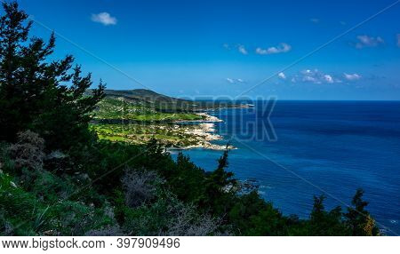 Green Mountainous Coast Of The Mediterranean Sea On The Akamas Peninsula In The Northwest Of The Isl