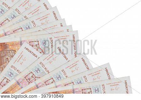 100 Croatian Kuna Bills Lies Isolated On White Background With Copy Space Stacked In Fan Close Up