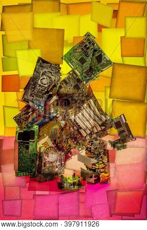 Collage Of Abstract Shapes Made Of Computer Circuit Boards, Stylization