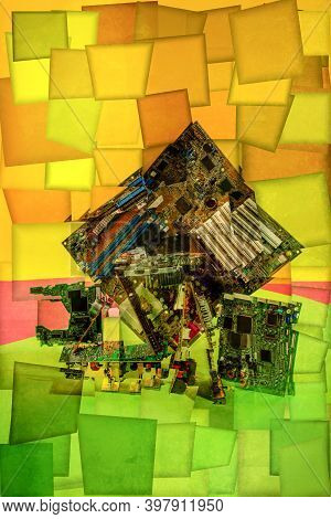Collage Of Abstract Shapes Made Of Computer Circuit Boards, Stylization