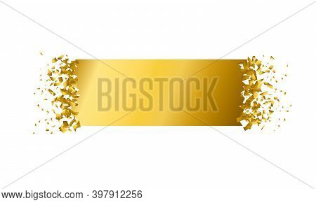 Exploding Rectangle With Debris. Isolated Gold Rectangle On White Background. Concept, Template For 