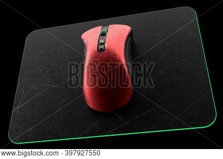 Used Metal Red Gaming Mouse With Scratches On Professional Pad Isolated On Black Background Blackgro