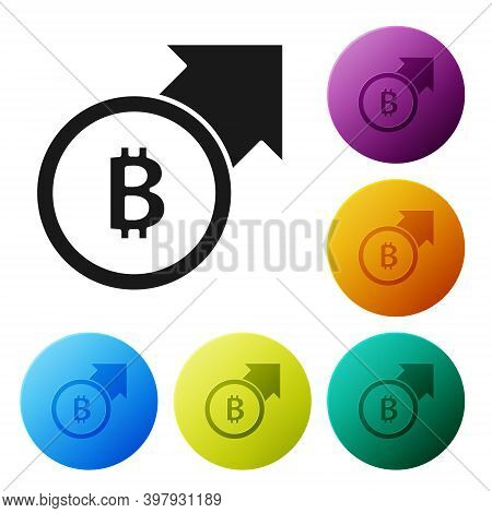 Black Financial Growth And Bitcoin Coin Icon Isolated On White Background. Increasing Revenue. Set I