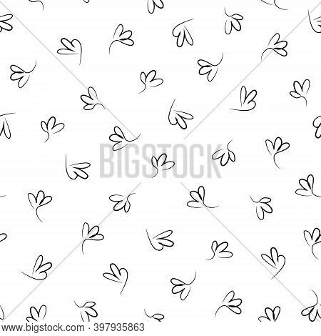 Seamless Pattern Of Hand Drawn Black Doodle Outline Twigs With Leaves. Simple Delicate Background Fo