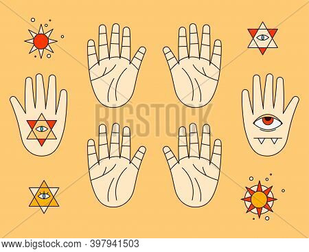 Halloween Sticker Pack. Palmistry, Line Prediction On The Hands, Evil Eye, Stars, Esoteric, Icons Fo