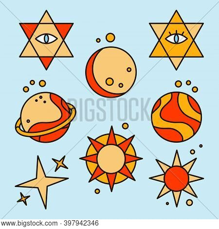 Icons For Astrologer With Planets And Stars. Background For Tarologist And Astrologer. Halloween Car
