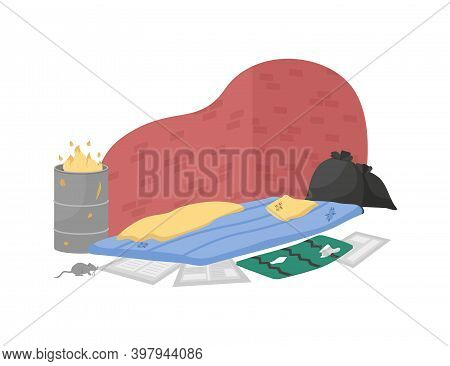 Homeless Sleeping Place Flat Color Vector Object. Garbage Bin. Ragged Mattress For Beggar. Dirty Urb
