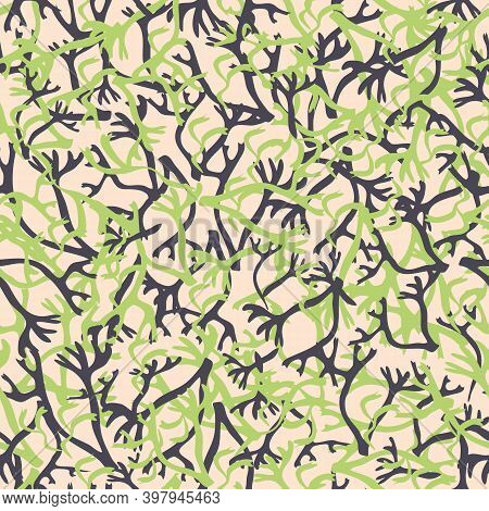 Silvery Green And Dark Grey Lichen Seamless Vector Pattern Background. Overlapping Hand Drawn Oakmos